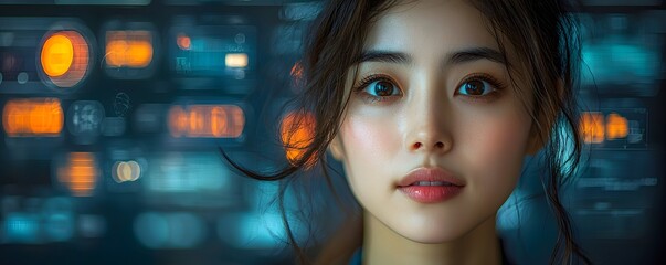 Pensive businesswoman contemplates global strategy in a futuristic urban setting