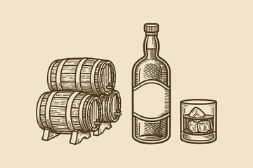 Whiskey bottle barrels and glass engraving style vector illustration