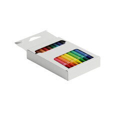 A new standard rectangular cardboard box of wax crayons, subtly open, revealing 24 vibrant classic colors, pristine on a transparent studio background, concept for commercial product photography