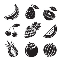 Fototapeta premium A vibrant collection of black and white silhouette icons showcasing various fresh fruits like bananas, pineapples, and cherries, isolated on white background