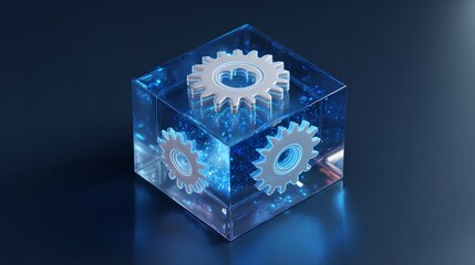 Obraz premium Gears encased in a transparent cube with blue light effects, set on a dark surface