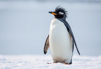 Fototapeta premium A Gentoo penguin stands on Antarctic ice, windswept feathers ruffled, king penguin, travel