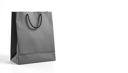 A matte black paper shopping bag sits on a white background,  matte,  background