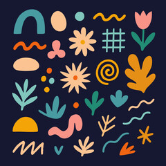 Abstract Botanical & Geometric Shapes &ndash; Colorful Vector Elements on Dark Background