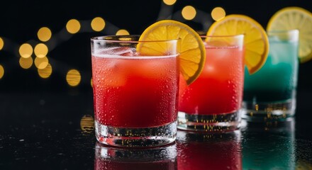 Assorted colorful cocktails with fruits and garnishes on bar counter