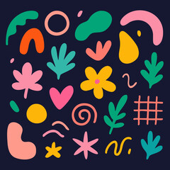 Abstract Organic & Geometric Shapes &ndash; Colorful Hand Drawn Vector Pack on Dark Background