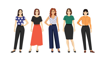 Different casual business women standing together with different hairstyles and outfits. Colorful isolated vector flat illustrations set