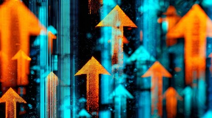A virtual representation of digital information with blue and orange colors, small ascending arrows symbolizing growth,