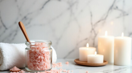 Spa Flatlay – glass jar of pink bath salts with wooden spoon, soft towel, and candles on a marble background.