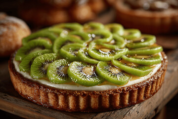 Fresh kiwi tart in artisanal French bakery