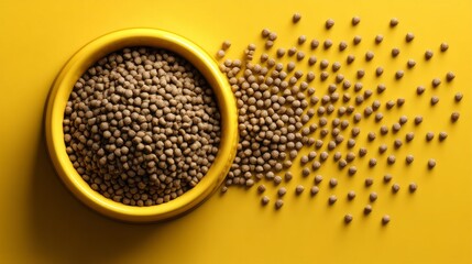 Healthy BARF food bowl for pets featuring nutritious ingredients and a vibrant presentation on a bright yellow background