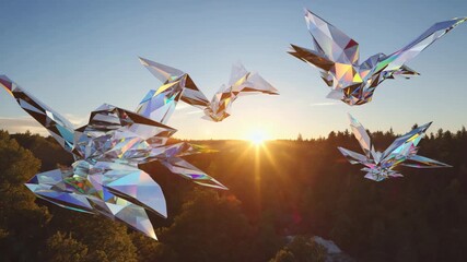 A flock of geometric diamond birds with prismatic wings soaring over a forest landscape at sunrise. Surreal futuristic abstract animation of crystal creatures in magical flight.
 - Powered by Adobe