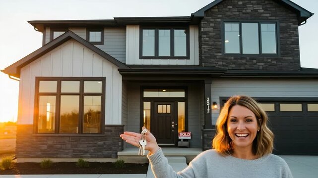 Excited new homeowner holding house keys in front of modern two story home with sold sign celebrating successful real estate purchase and property investment - Powered by Adobe
