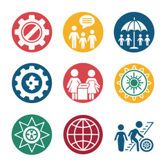 Collection of circular icons representing teamwork, voting, protection, business, and global connection isolated on white background
