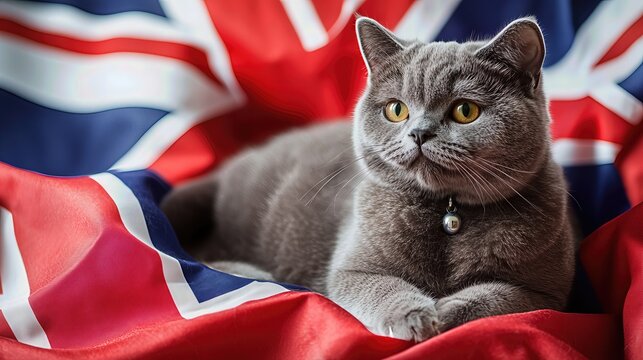 grey British Shorthair cat rests gracefully on a Union Jack flag. The cat's serene expression and the flag's vibrant colors create a captivating image.