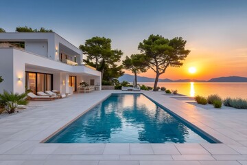 Fototapeta premium Luxury villa with infinity pool overlooking tranquil ocean at sunset