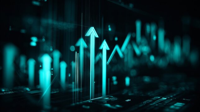 A futuristic teal digital graphic with stylized bar charts and upward arrows symbolizing growth, progress,