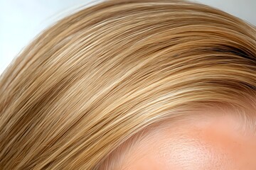 Fototapeta premium Close-up view of blonde hair strands showing natural highlights and texture against soft blurred background, demonstrating professional hair coloring and styling techniques.