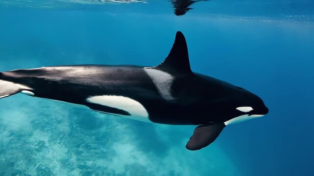Graceful orca whale swims effortlessly through clear blue ocean waters, a majestic creature in its natural habitat, ideal for conservation projects and marine life documentaries