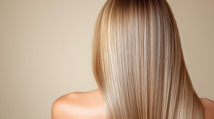 Naklejka premium Straight blonde hair on beige background, back view of smooth healthy hairstyle with natural highlights and shine showing professional salon result.
