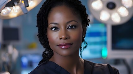 Young African American female medical professional in navy scrubs smiling confidently in modern hospital operating room with surgical lights in background.