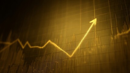 Naklejka premium A glowing golden upward arrow on a financial market chart with overlapping grid lines,