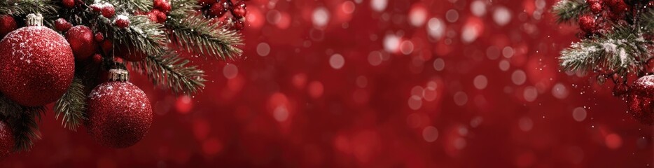 Red Christmas ornaments and branches against a blurred red background with bokeh