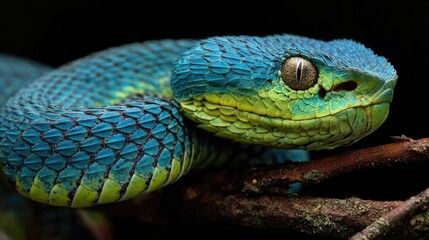Fototapeta premium Venomous snake, vibrant colors, forest branch, detailed close-up, nature photography