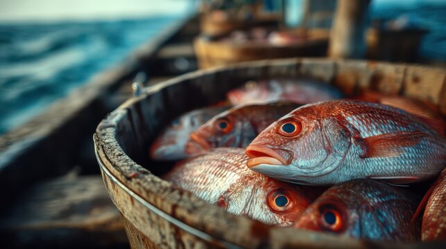 Fresh fish in a rustic wooden basket, surrounded by water, highlighting the beauty of seafood and coastal life.