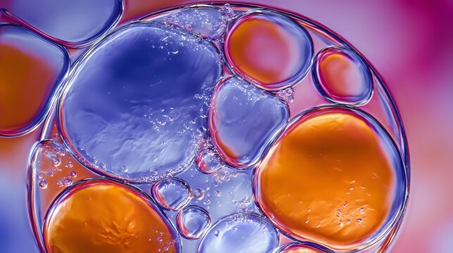 Vibrant macro photography of colorful soap bubbles or oil drops creating abstract circular patterns with blue and orange tones against pink background. Scientific art concept.
