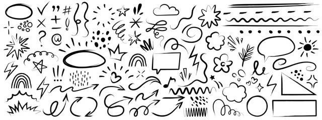 Vector image of messy set of sketch and pattern hand drawn. underline, highlight, arrow set. Hand drawn brush stroke, highlight, speech bubble, underline. Element for your design