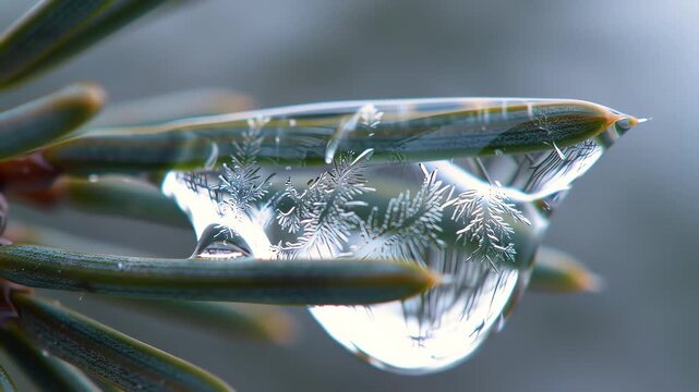 Iced Pine Needle A Frozen Water Droplet Capturing Winter's Detail on Evergreen