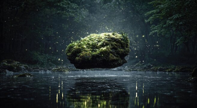 Mystical rock hovering over a serene river in a dark forest - Powered by Adobe