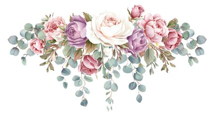 Romantic floral arrangement with pink and purple roses, white rose centerpiece and eucalyptus leaves cascading down, isolated on white background for wedding design.