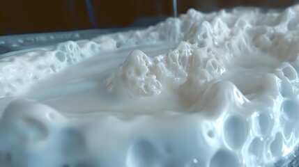 Ethereal white foam texture with delicate bubbles and soft peaks creating dynamic abstract patterns against light background. Suitable for cosmetic and spa designs.