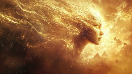 fiery goddess with glowing eyes surrounded by golden pyramids digital painting. The image evokes feelings of power and mystique.
