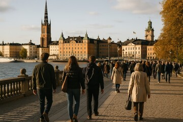 People strolling Stockholm waterfront autumn