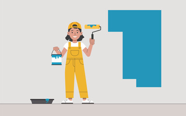 Girl Painting Wall with Roller
