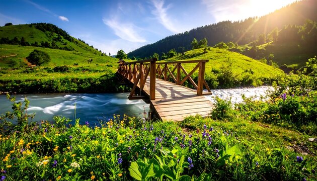 Wooden Bridge with Mountain River, and Summer.