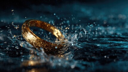 Golden ring splashing in dark water
