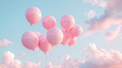 Pale pink balloons float against a soft pastel sky dotted with fluffy clouds