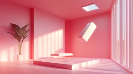 Fototapeta premium Pink room with floating cube and plants. Sunlight streams through large windows