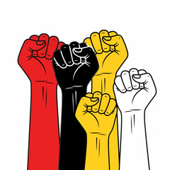 Vector illustration raised fists diverse colors showing unity and power