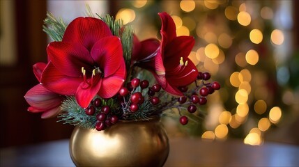 Elegant Christmas ikebana arrangement with red amaryllis, holly, pine, festive holiday floral design golden vase, glowing lights background creating seasonal atmosphere, decoration, celebration theme