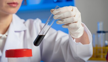 Scientist in lab coat holds a test tube containing a dark liquid, likely a chemical sample.
