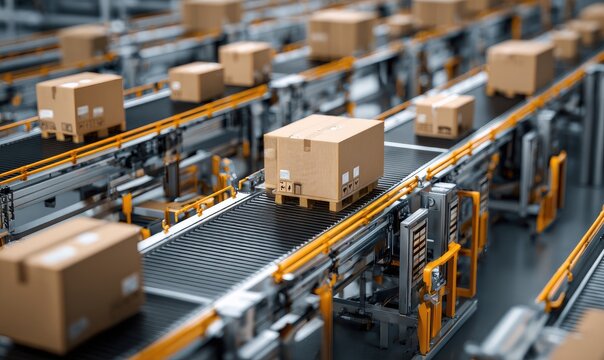 Cardboard boxes on a conveyor belt system