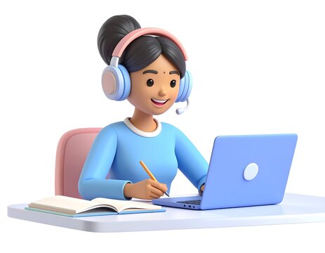 A 3d illustration of a happy young woman wearing headphones and using a laptop for online learning or remote work
