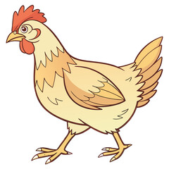 A simple cartoon illustration of a chicken. The chicken is a light tan or beige color with a red comb and wattle. It is shown in a side profile, walking to the left.