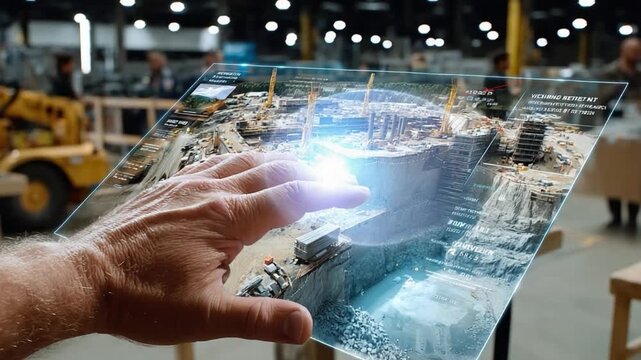 Construction Technology: A hand interacts with a holographic projection of a construction site, showcasing the integration of cutting-edge technology in architecture and building design.