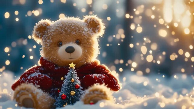 Adorable teddy bear dressed in red sitting in snow and holding a small decorated Christmas tree with glowing winter lights in background, representing holiday warmth and childhood joy
